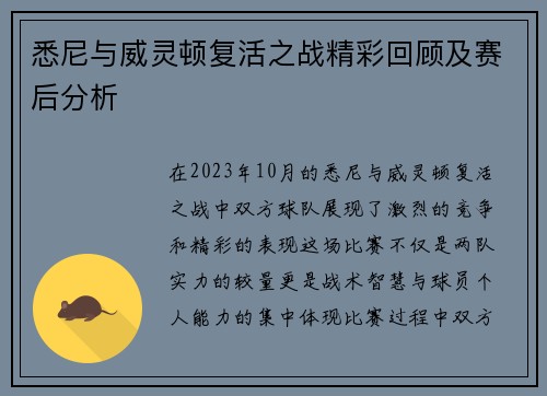 悉尼与威灵顿复活之战精彩回顾及赛后分析